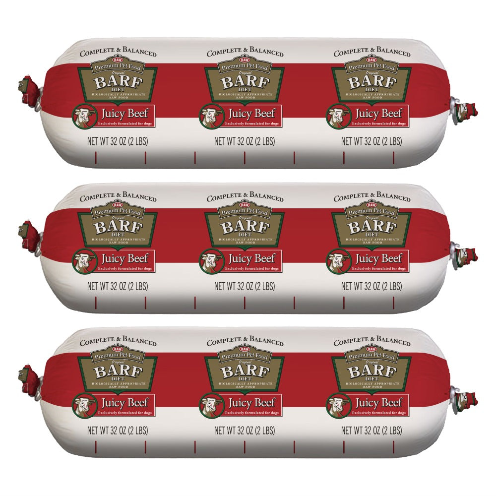 3 vertically stacked chubs of BARF Juicy Beef raw dog food