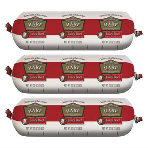 3 vertically stacked chubs of BARF Juicy Beef raw dog food