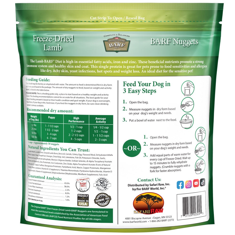 Back of the bag of Freeze-Dried Lamb BARF Nuggets