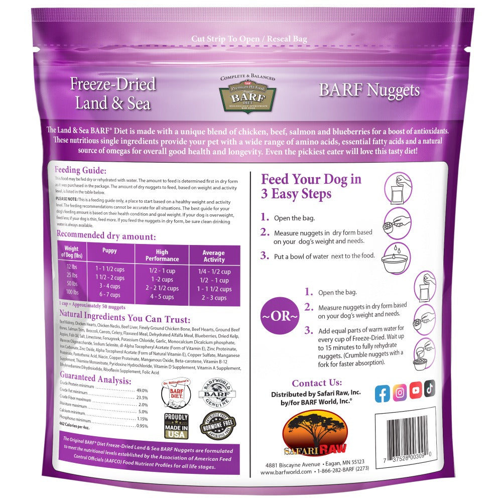 Back of the package of BARF World Freeze-Dried Land and Sea BARF Nuggets