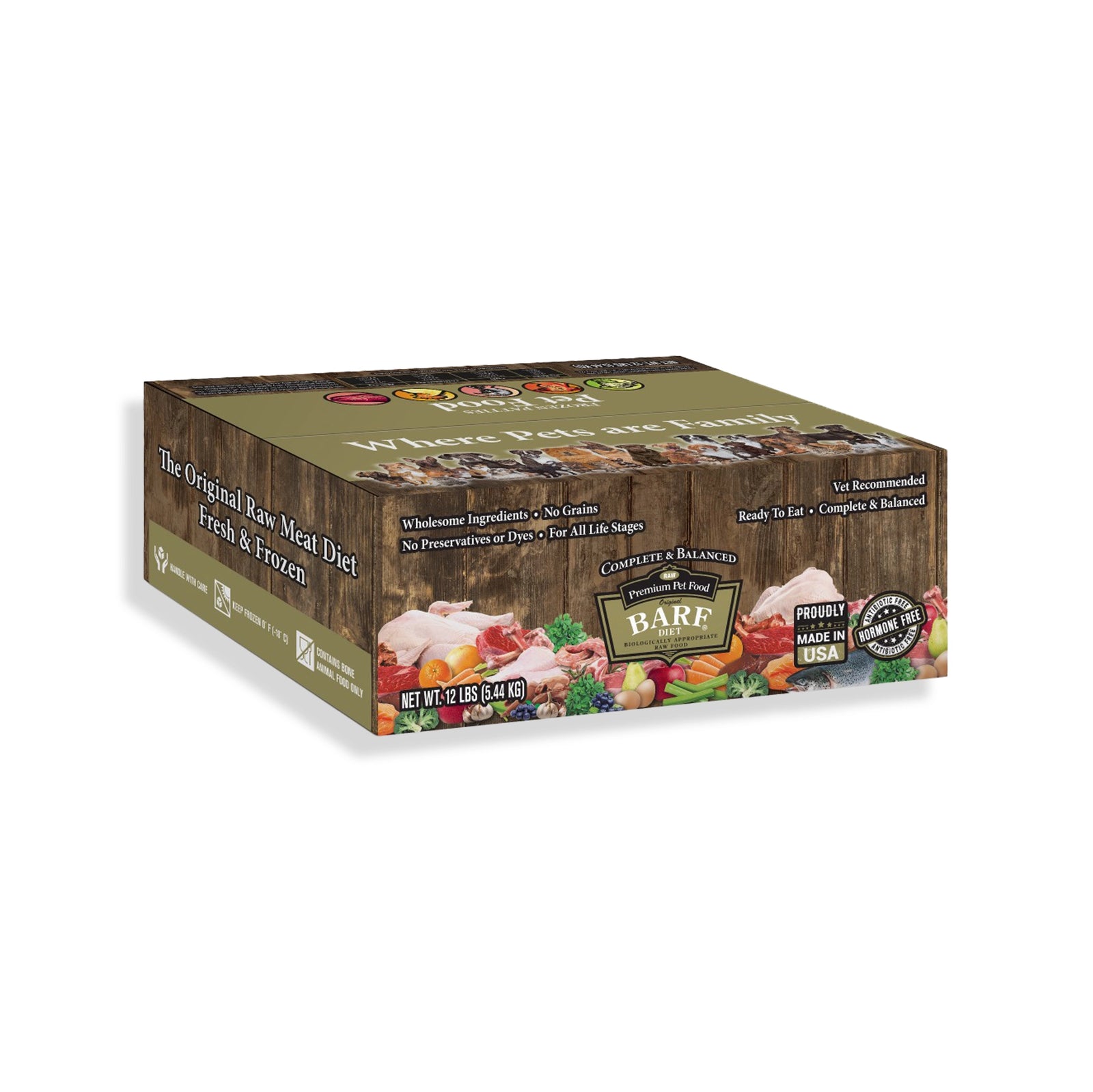 Box of raw dog food patties from BARF World