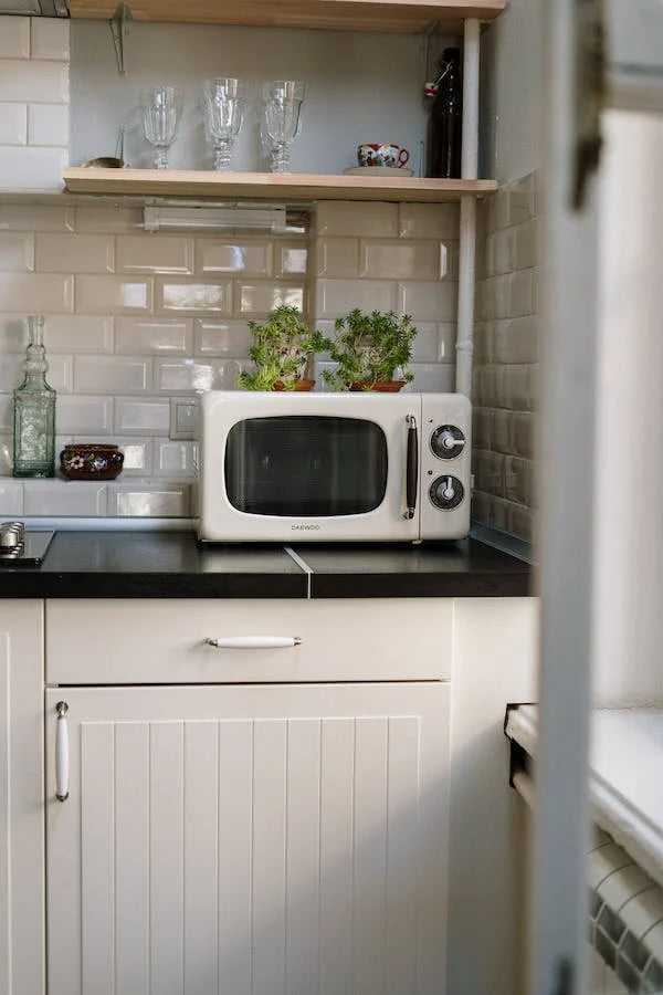 Retro microwave on a kitchen counter